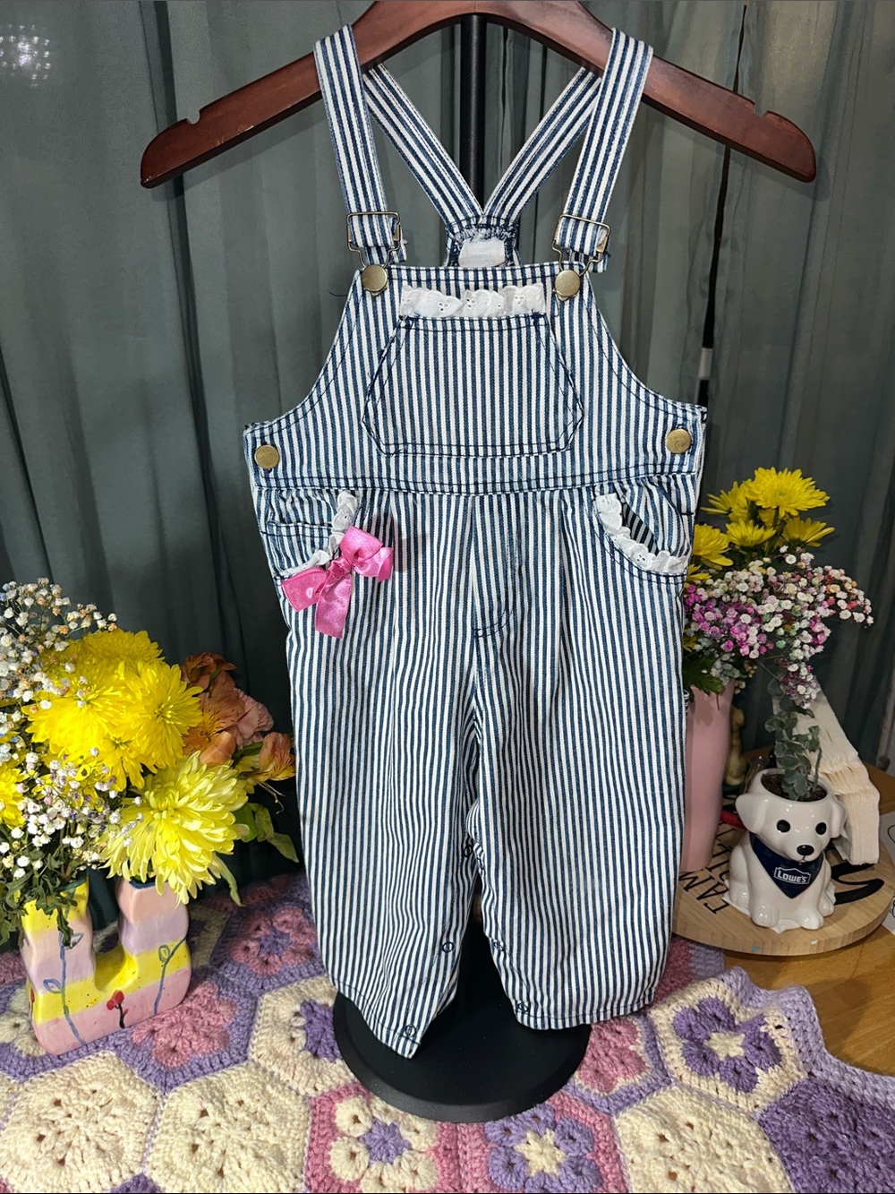 πStriped Blue & White Kids Overalls with Pink Bow Accent. C321